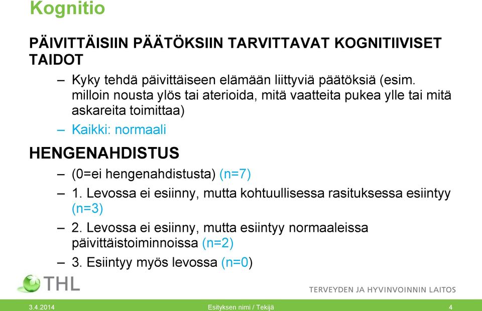 milloin nousta ylös tai aterioida, mitä vaatteita pukea ylle tai mitä askareita toimittaa) Kaikki: normaali HENGENAHDISTUS