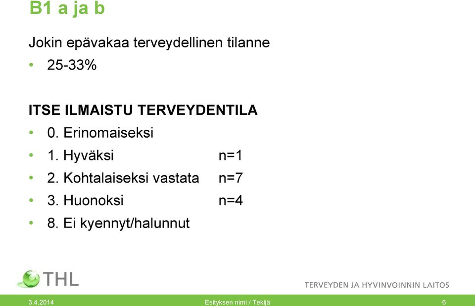 Hyväksi n=1 2. Kohtalaiseksi vastata n=7 3.