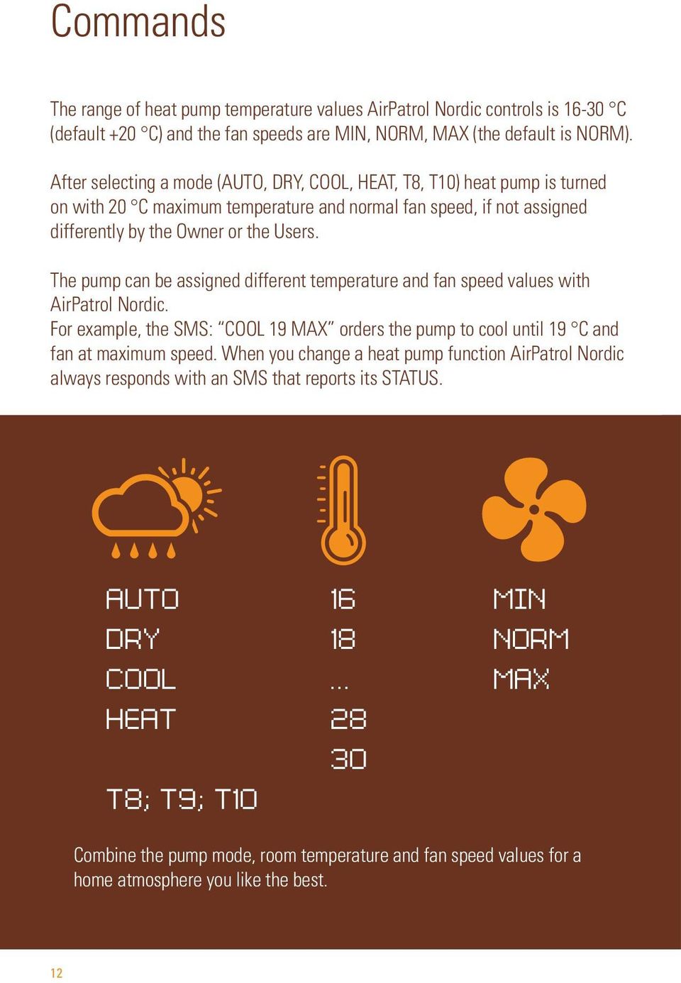 The pump can be assigned different temperature and fan speed values with AirPatrol Nordic. For example, the SMS: COOL 19 MAX orders the pump to cool until 19 C and fan at maximum speed.