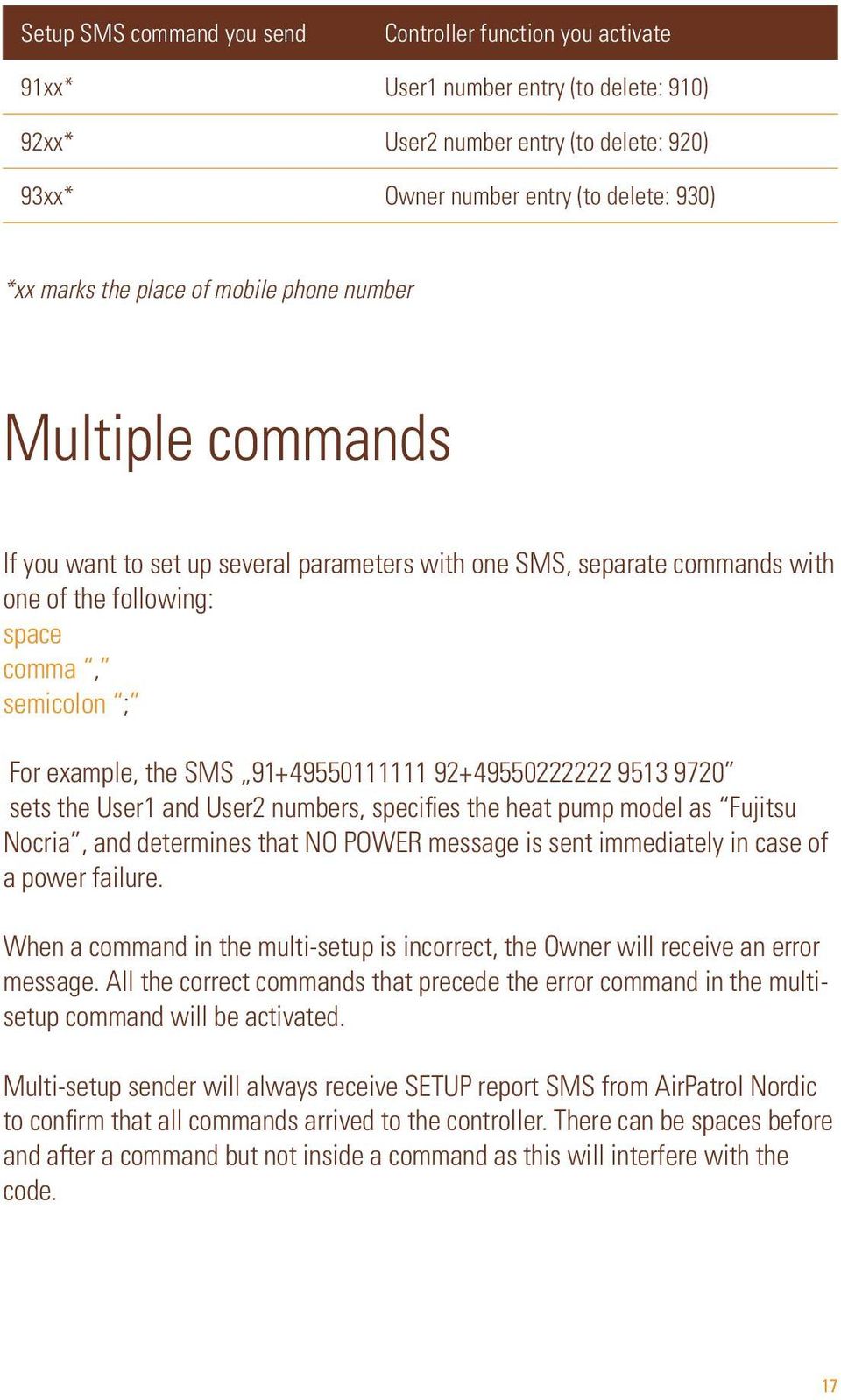 91+49550111111 92+49550222222 9513 9720 sets the User1 and User2 numbers, specifies the heat pump model as Fujitsu Nocria, and determines that NO POWER message is sent immediately in case of a power