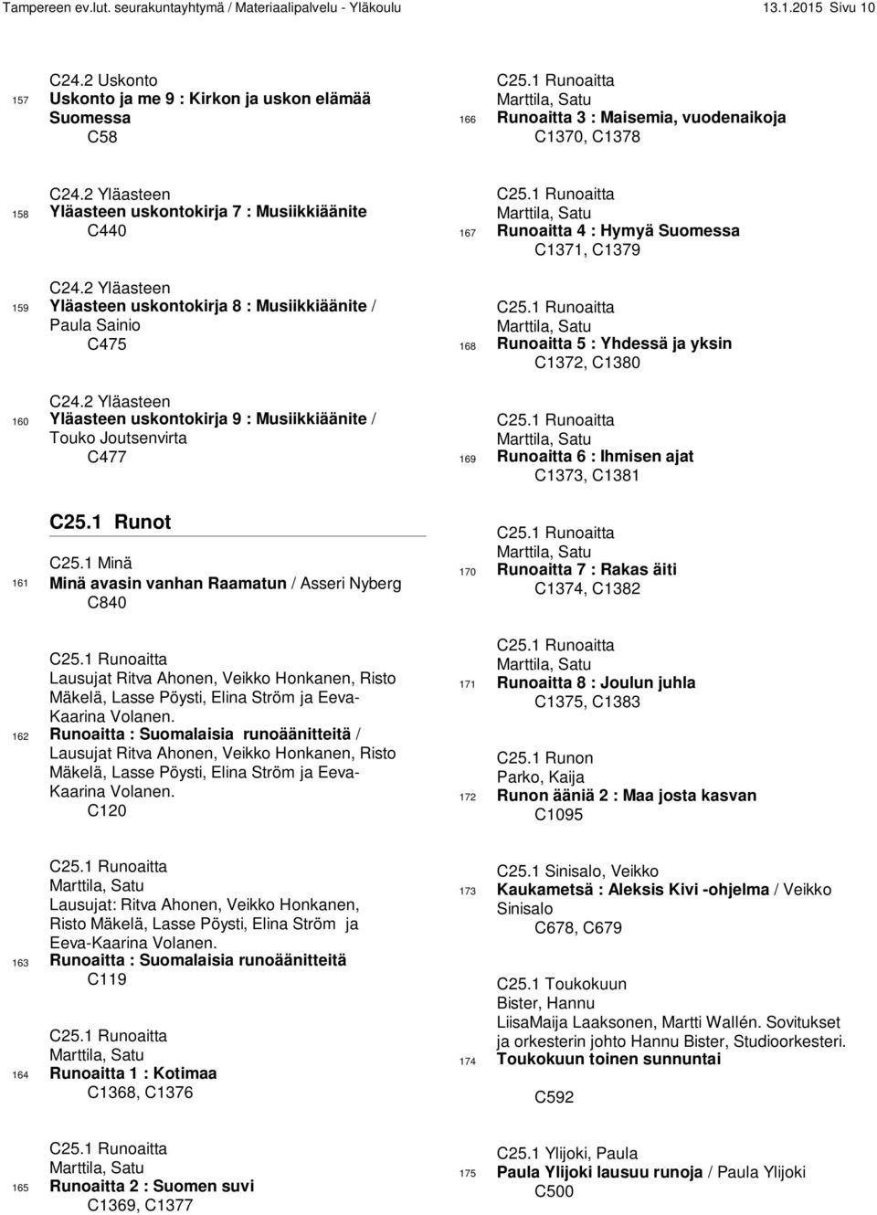 2 Yläasteen 159 Yläasteen uskontokirja 8 : Musiikkiäänite / Paula Sainio C475 C24.2 Yläasteen 160 Yläasteen uskontokirja 9 : Musiikkiäänite / Touko Joutsenvirta C477 C25.1 Runot C25.