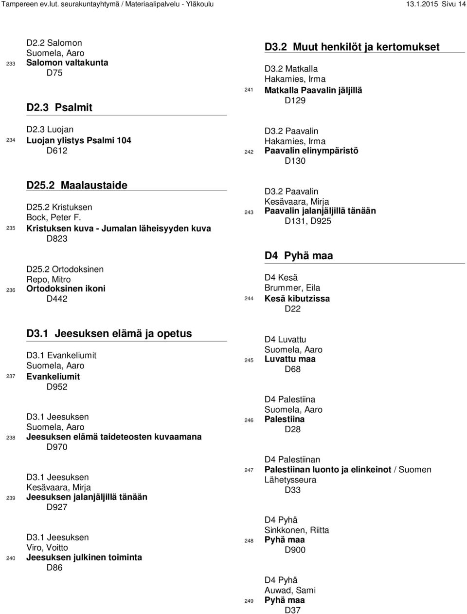 2 Ortodoksinen Repo, Mitro 236 Ortodoksinen ikoni D442 D3.1 Jeesuksen elämä ja opetus D3.1 Evankeliumit Suomela, Aaro 237 Evankeliumit D952 D3.