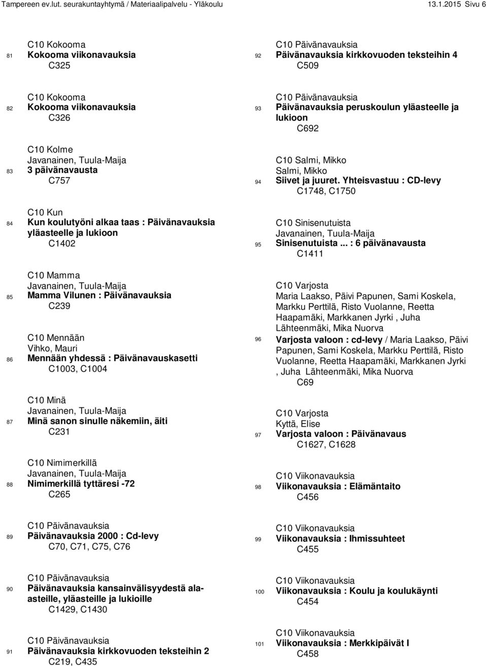 Tuula-Maija 83 3 päivänavausta C757 C10 Kun 84 Kun koulutyöni alkaa taas : Päivänavauksia yläasteelle ja lukioon C1402 C10 Mamma Javanainen, Tuula-Maija 85 Mamma Vilunen : Päivänavauksia C239 C10