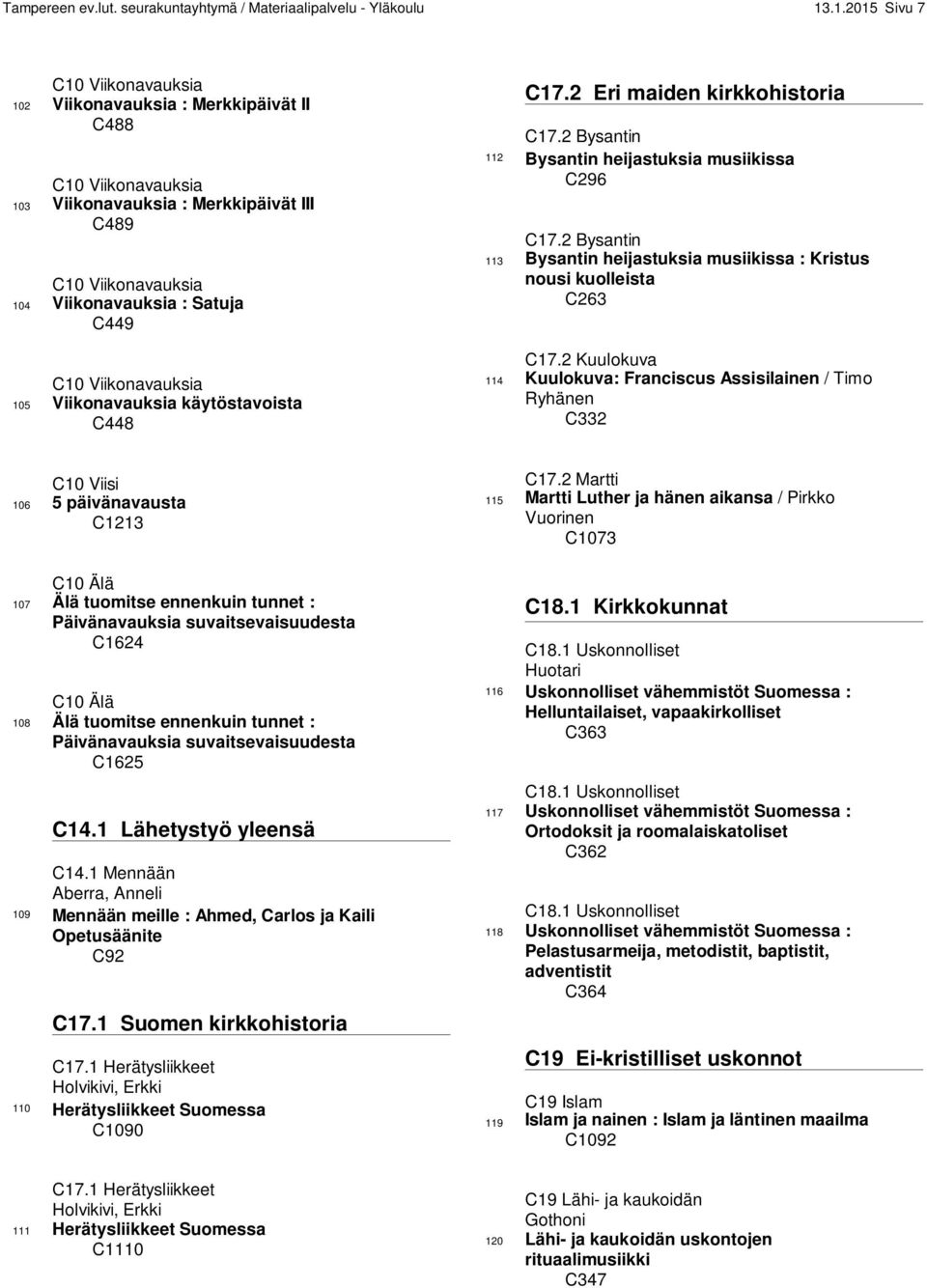 Viikonavauksia 105 Viikonavauksia käytöstavoista C448 C17.2 Eri maiden kirkkohistoria C17.2 Bysantin 112 Bysantin heijastuksia musiikissa C296 C17.