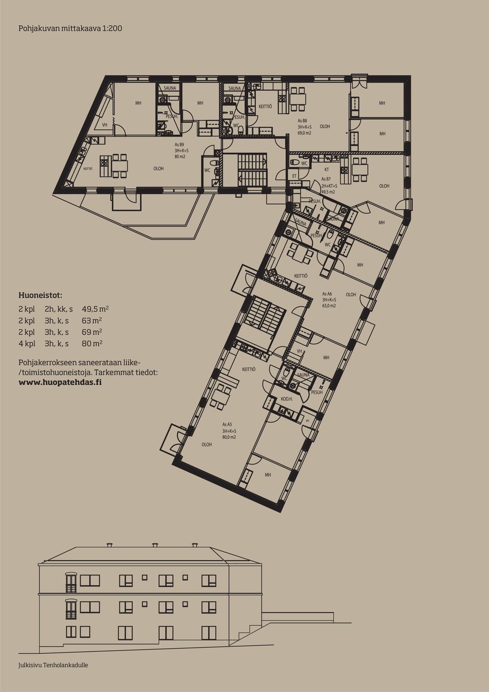 80 m 2 Pohjakerrokseen saneerataan liike- /toimistohuoneistoja.