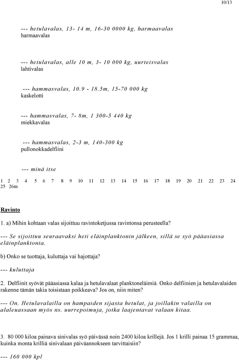 22 23 24 25 26m Ravinto 1. a) Mihin kohtaan valas sijoittuu ravintoketjussa ravintonsa perusteella? --- Se sijoittuu seuraavaksi heti eläinplanktonin jälkeen, sillä se syö pääasiassa eläinplanktonia.