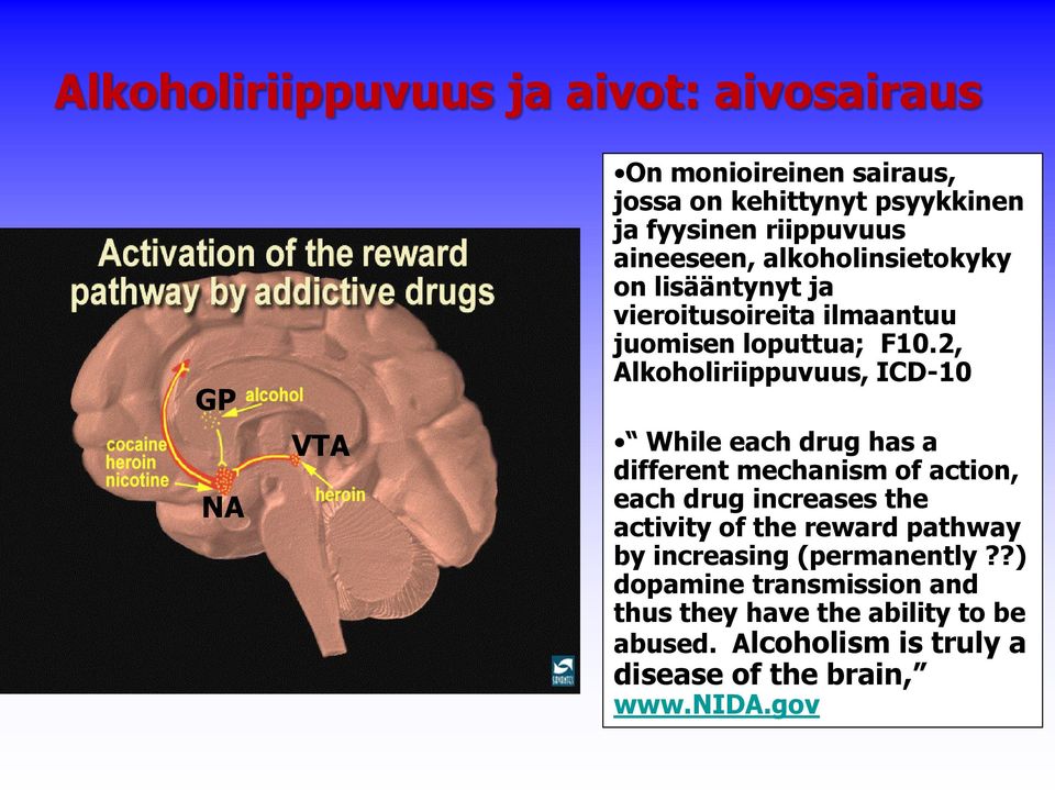 2, Alkoholiriippuvuus, ICD-10 While each drug has a different mechanism of action, each drug increases the activity of the reward