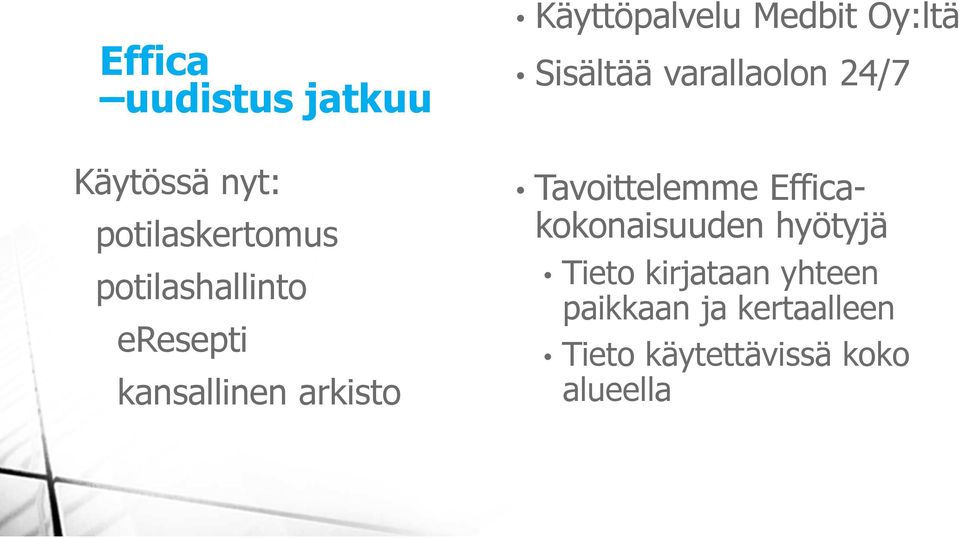 varallaolon 24/7 Tavoittelemme Efficakokonaisuuden hyötyjä Tieto