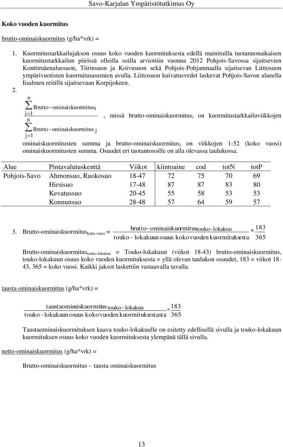 Konttimäenalussuon, Tiirinsuon ja Koivusuon sekä Pohjois-Pohjanmaalla sijaitsevan Liittosuon ympärivuotisten kuormitusasemien avulla.