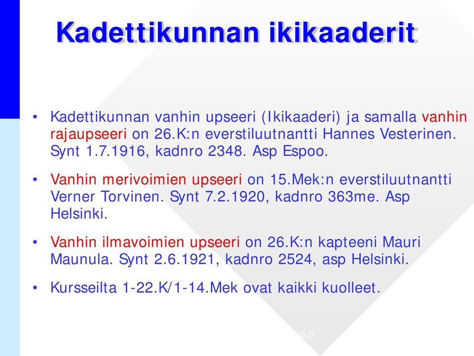 Mek:n everstiluutnantti Verner Torvinen. Synt 7.2.1920, kadnro 363me. Asp Helsinki.