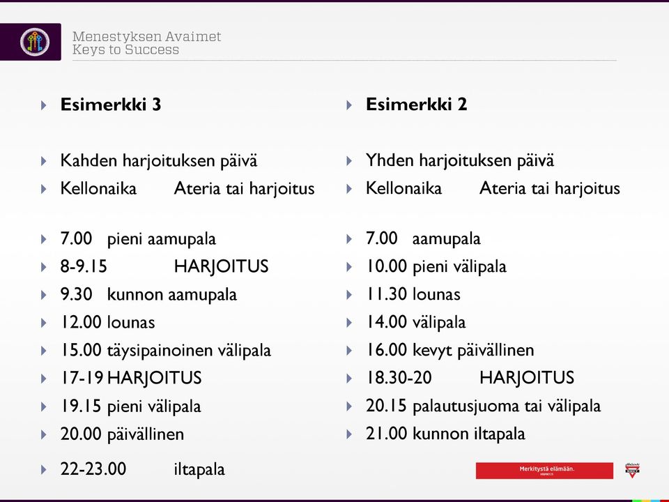 00 täysipainoinen välipala 17-19 HARJOITUS 19.15 pieni välipala 20.00 päivällinen 7.00 aamupala 10.