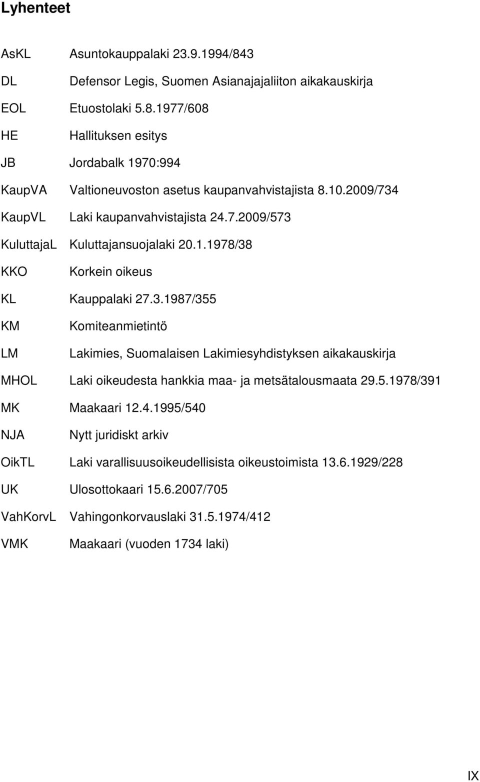 5.1978/391 MK Maakaari 12.4.1995/540 NJA Nytt juridiskt arkiv OikTL Laki varallisuusoikeudellisista oikeustoimista 13.6.1929/228 UK Ulosottokaari 15.6.2007/705 VahKorvL Vahingonkorvauslaki 31.