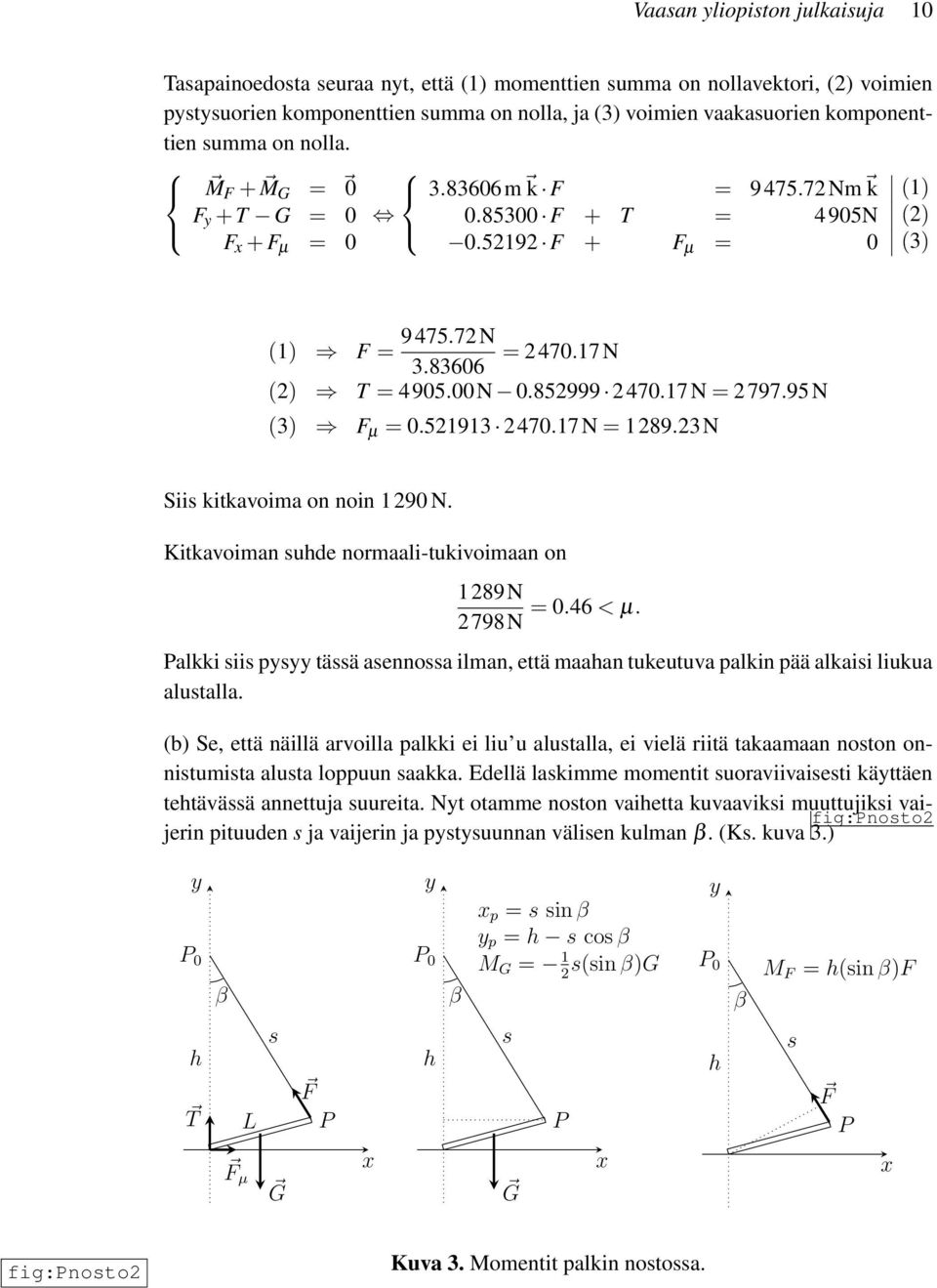 852999 2470.17N = 2797.95N (3) F µ = 0.521913 2470.17N = 1289.23N Siis kitkavoima on noin 1290 N. Kitkavoiman suhde normaali-tukivoimaan on 1289N = 0.46 < µ.