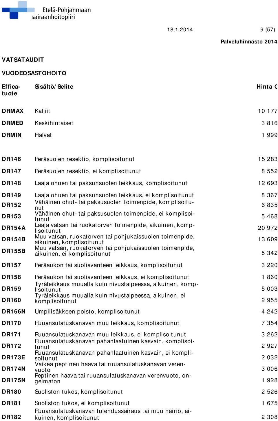 toimenpide, komplisoitunut 6 835 DR153 Vähäinen ohut- tai paksusuolen toimenpide, ei komplisoitunut 5 468 Laaja vatsan tai ruokatorven toimenpide, aikuinen, komplisoitunut DR154A 20 972 DR154B Muu