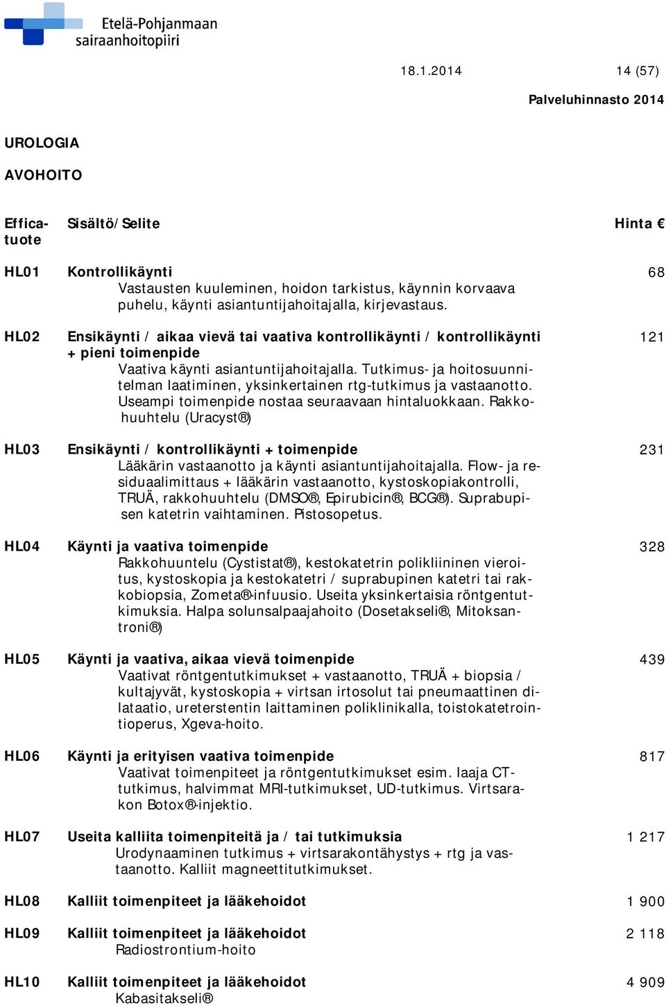 Tutkimus- ja hoitosuunnitelman laatiminen, yksinkertainen rtg-tutkimus ja vastaanotto. Useampi toimenpide nostaa seuraavaan hintaluokkaan.