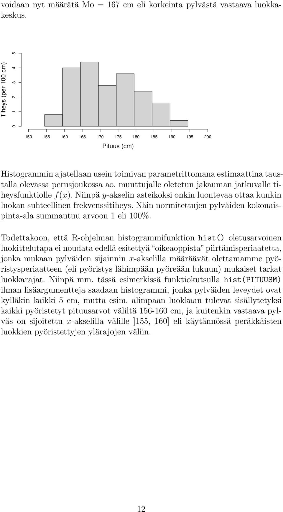 muuttujalle oletetun jakauman jatkuvalle tiheysfunktiolle f(x). Niinpä y-akselin asteikoksi onkin luontevaa ottaa kunkin luokan suhteellinen frekvenssitiheys.