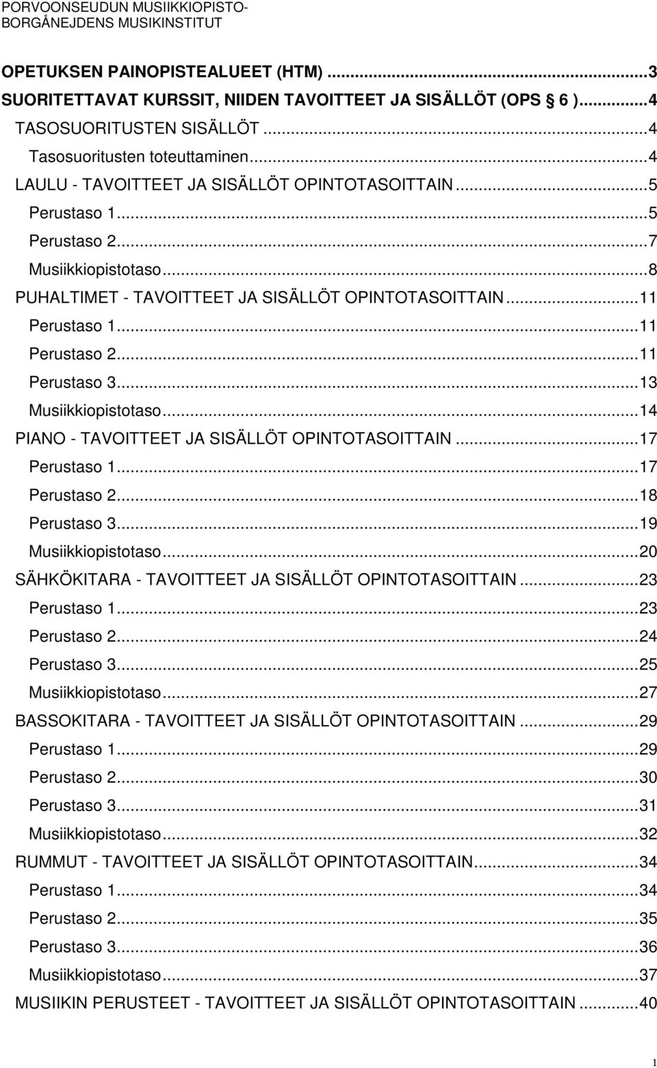 .. 11 Perustaso 2... 11 Perustaso 3... 13 Musiikkiopistotaso... 14 PIANO - TAVOITTEET JA SISÄLLÖT OPINTOTASOITTAIN... 17 Perustaso 1... 17 Perustaso 2... 18 Perustaso 3... 19 Musiikkiopistotaso.
