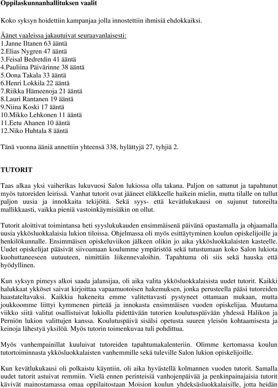 Niina Koski 17 ääntä 10.Mikko Lehkonen 11 ääntä 11.Eetu Ahanen 10 ääntä 12.Niko Huhtala 8 ääntä Tänä vuonna ääniä annettiin yhteensä 338, hylättyjä 27, tyhjiä 2.