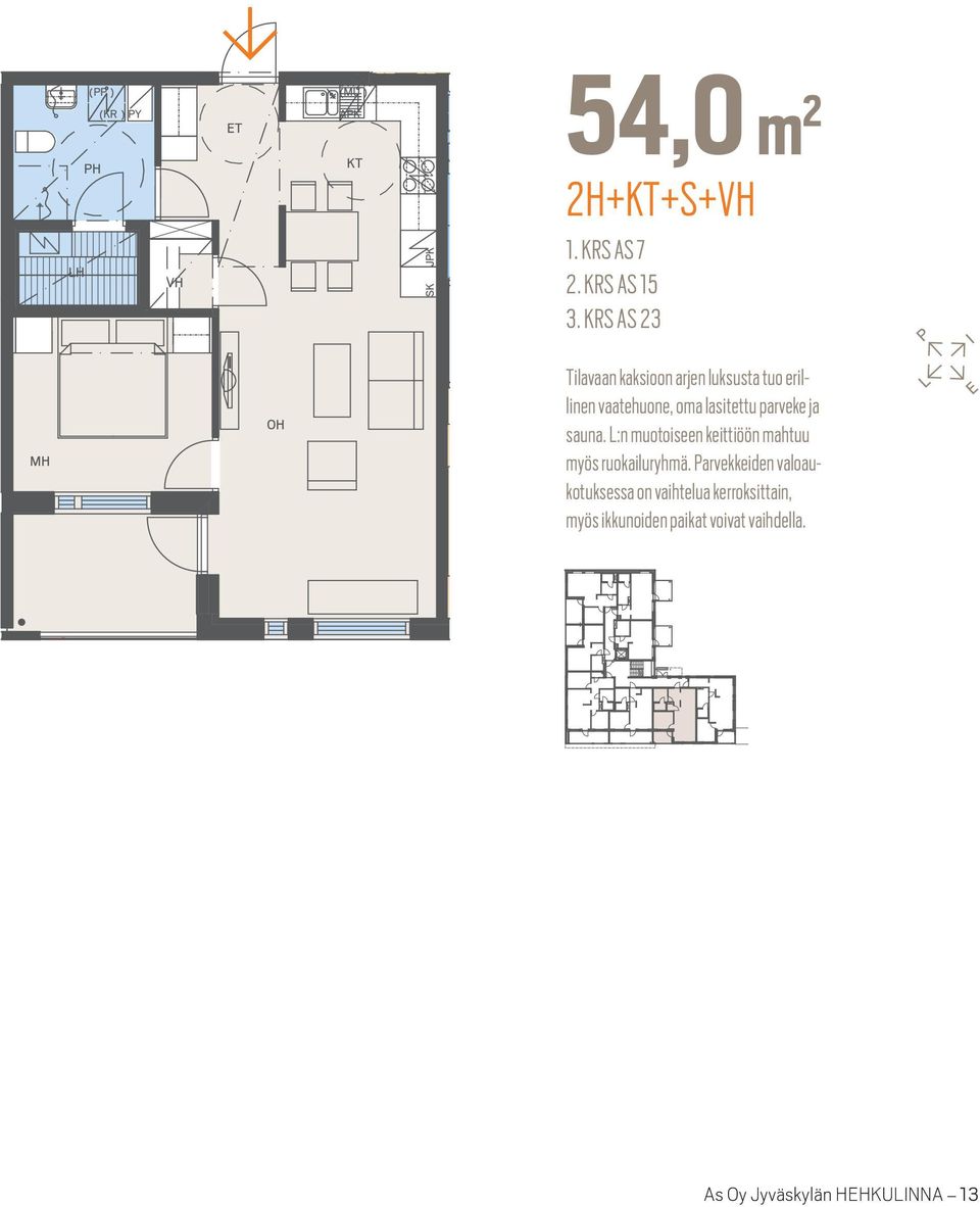 arvekkeiden valoaukotuksessa on vaihtelua kerroksittain, myös ikkunoiden paikat voivat vaihdella. L E 54,0 m 2 2H++S+VH HUONEISTOT 0 1 m 2m 1.