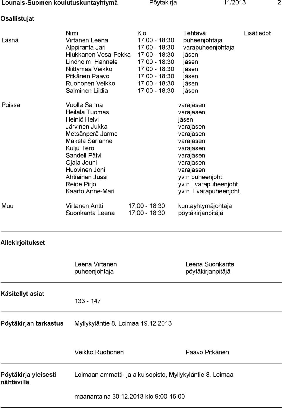 Poissa Vuolle Sanna varajäsen Heilala Tuomas varajäsen Heiniö Helvi jäsen Järvinen Jukka varajäsen Metsänperä Jarmo varajäsen Mäkelä Sarianne varajäsen Kulju Tero varajäsen Sandell Päivi varajäsen