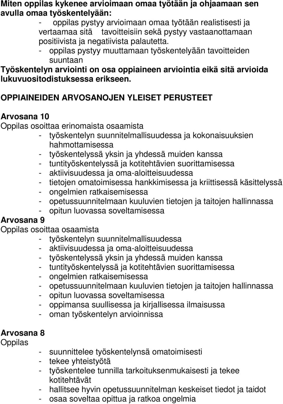 - oppilas pystyy muuttamaan työskentelyään tavoitteiden suuntaan Työskentelyn arviointi on osa oppiaineen arviointia eikä sitä arvioida lukuvuositodistuksessa erikseen.