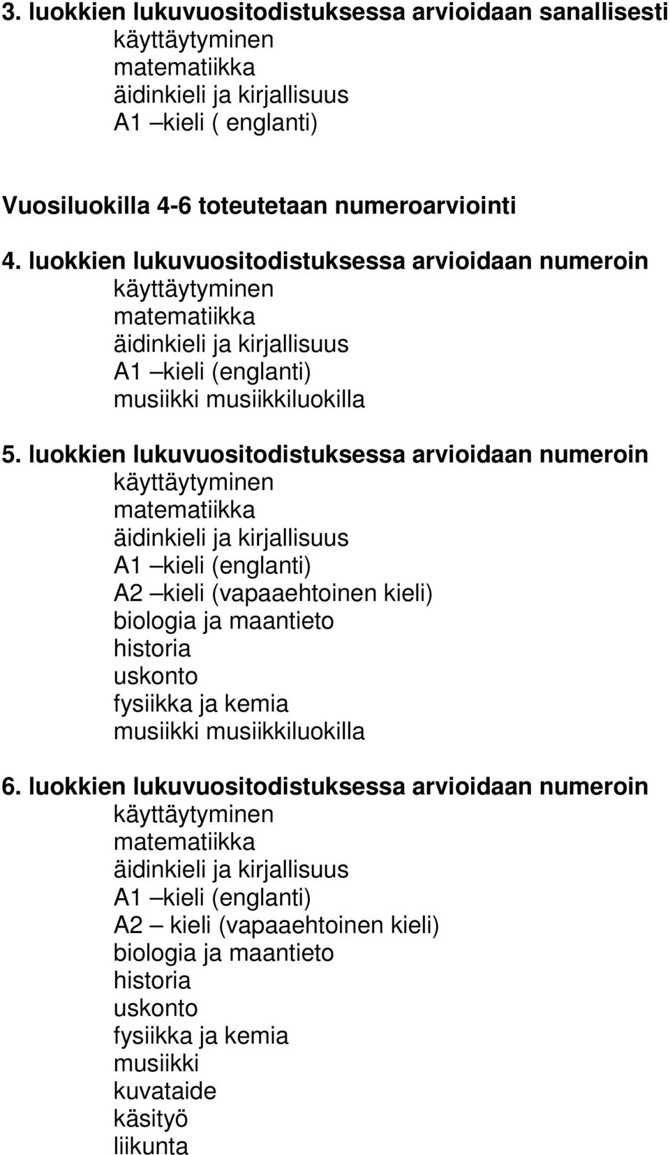 luokkien lukuvuositodistuksessa arvioidaan numeroin käyttäytyminen matematiikka äidinkieli ja kirjallisuus A1 kieli (englanti) A2 kieli (vapaaehtoinen kieli) biologia ja maantieto historia uskonto