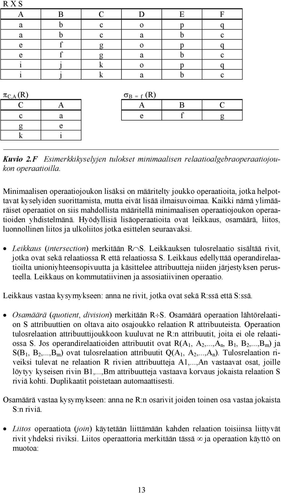 Minimaalisen operaatiojoukon lisäksi on määritelty joukko operaatioita, jotka helpottavat kyselyiden suorittamista, mutta eivät lisää ilmaisuvoimaa.