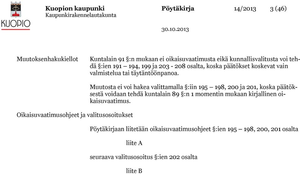 Oikaisuvaatimusohjeet ja valitusosoitukset Muutosta ei voi hakea valittamalla :iin 195 198, 200 ja 201, koska päätöksestä voidaan tehdä