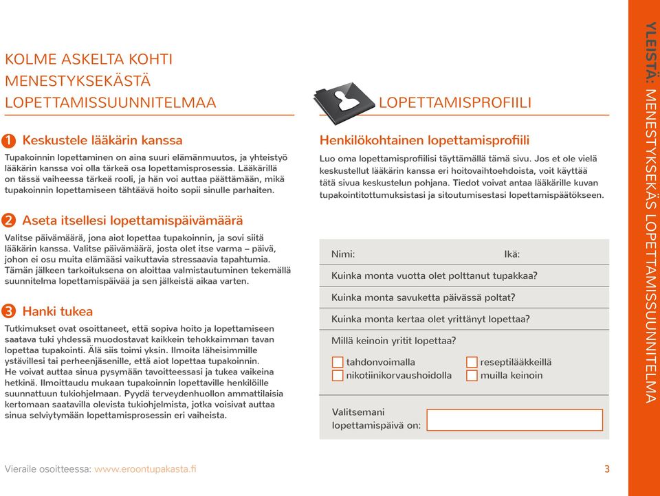 Luo oma lopettamisprofiilisi täyttämällä tämä sivu. Jos et ole vielä keskustellut lääkärin kanssa eri hoitovaihtoehdoista, voit käyttää tätä sivua keskustelun pohjana.