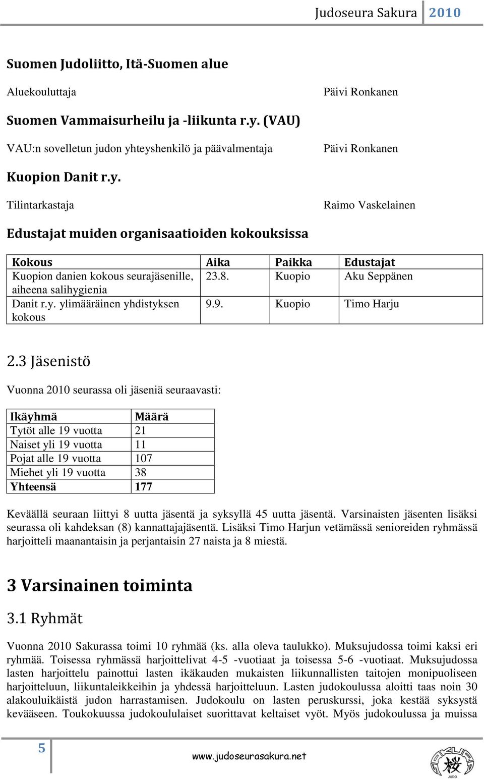 8. Kuopio Aku Seppänen aiheena salihygienia Danit r.y. ylimääräinen yhdistyksen kokous 9.9. Kuopio Timo Harju 2.