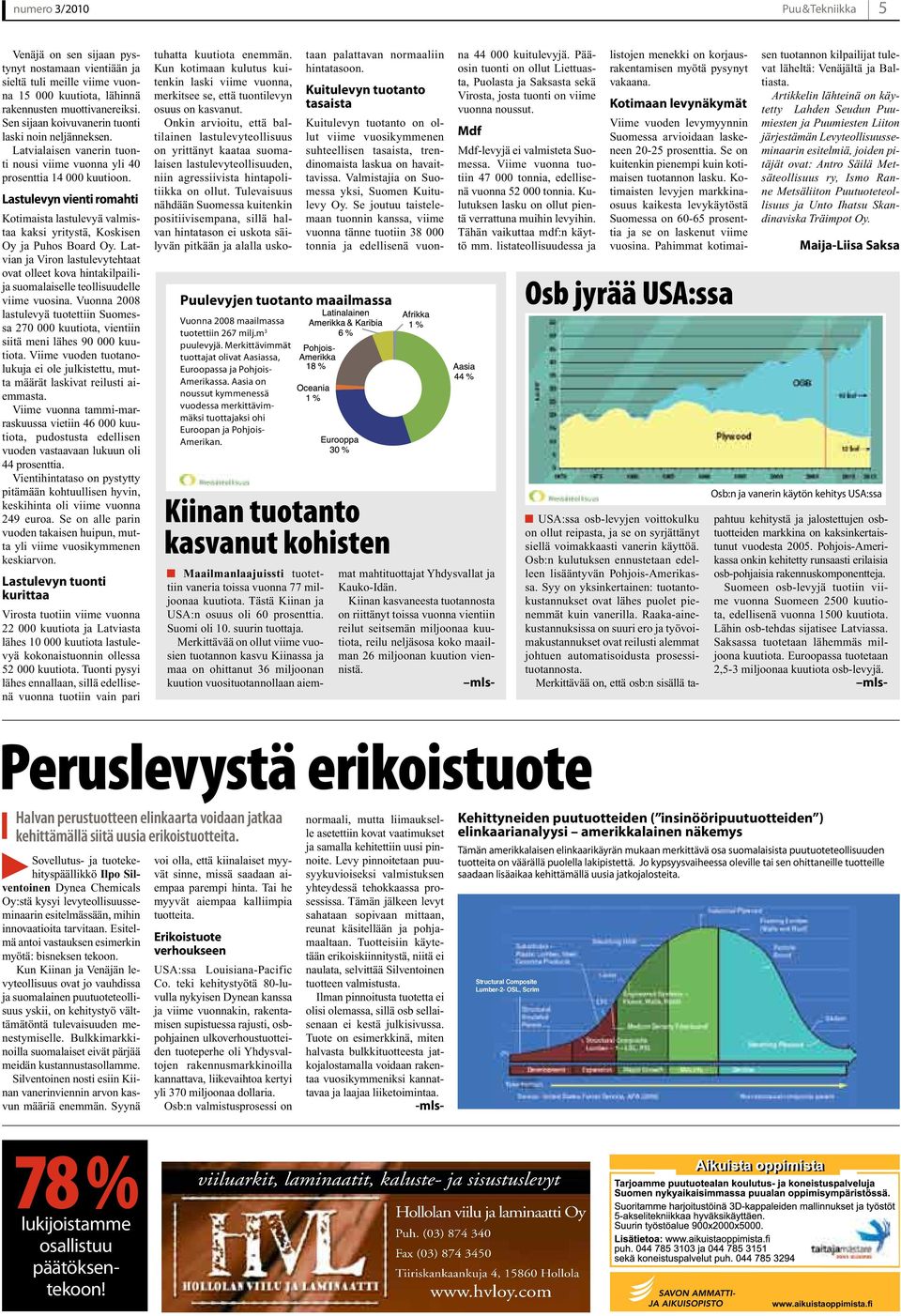 Lastulevyn vienti romahti Kotimaista lastulevyä valmistaa kaksi yritystä, Koskisen Oy ja Puhos Board Oy.