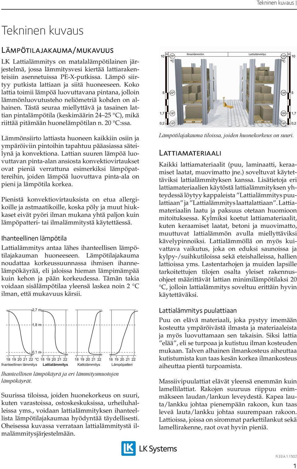 Tästä seuraa miellyttävä ja tasainen lattian pintalämpötila (keskimäärin 24 25 C), mikä riittää pitämään huonelämpötilan n. 20 C:ssa.