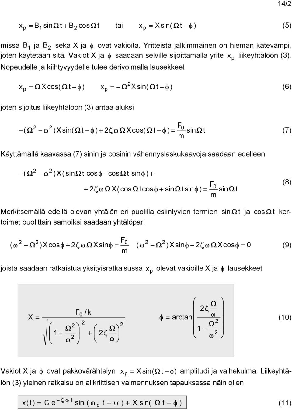 csinin vähennyslaskukaavja saadaan edelleen ( ω ) X( sin csφ cs sinφ ) + + ζ ω X(cs cs φ + sin sinφ ) = sin (8) cs ker- Merkiseällä edellä levan yhälön eri ulilla esiinyvien erien ie uliain saiksi