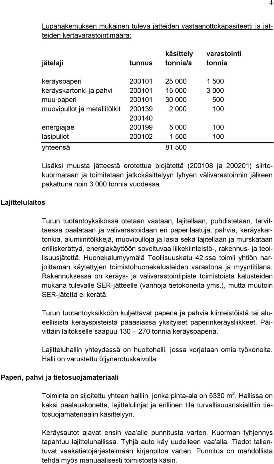 500 Lisäksi muusta jätteestä erotettua biojätettä (200108 ja 200201) siirtokuormataan ja toimitetaan jatkokäsittelyyn lyhyen välivarastoinnin jälkeen pakattuna noin 3 000 tonnia vuodessa.