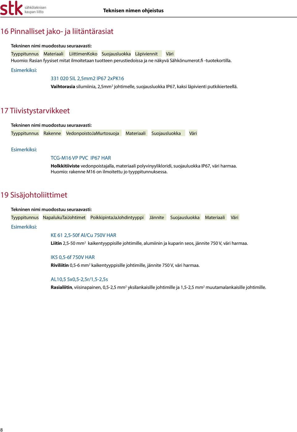 17 Tiivistystarvikkeet Rakenne VedonpoistoJaMurtosuoja Materiaali Suojausluokka Väri TCG-M16 VP PVC IP67 HAR Holkkitiiviste vedonpoistajalla, materiaali polyvinyylikloridi, suojauluokka IP67, väri