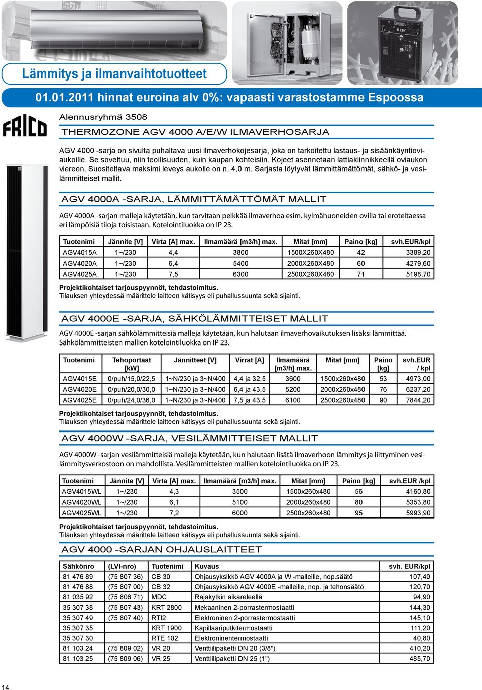 Sarjasta löytyvät lämmittämättömät, sähkö- ja vesilämmitteiset mallit. AGV 4000A -SARJA, LÄMMITTÄMÄTTÖMÄT MALLIT AGV 4000A -sarjan malleja käytetään, kun tarvitaan pelkkää ilmaverhoa esim.