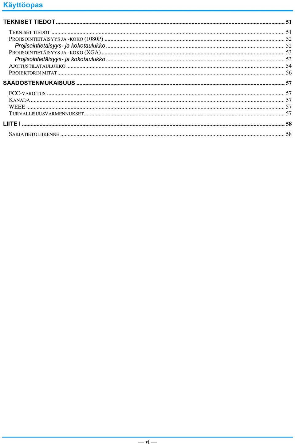 .. 53 Projisointietäisyys- ja kokotaulukko... 53 AJOITUSTILATAULUKKO... 54 PROJEKTORIN MITAT.