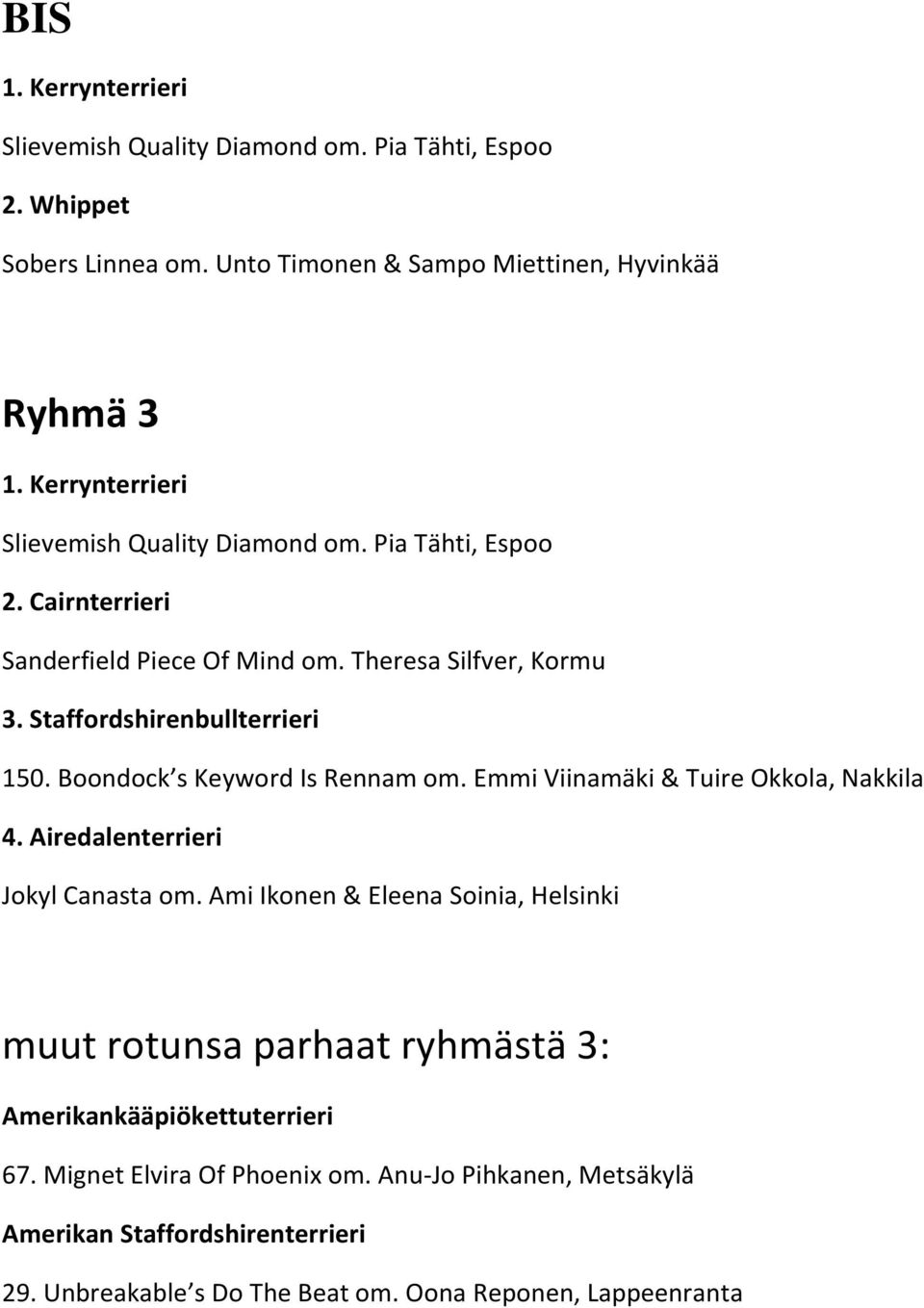 Boondocks Keyword Is Rennam om. Emmi Viinamäki & Tuire Okkola, Nakkila 4. Airedalenterrieri Jokyl Canasta om.