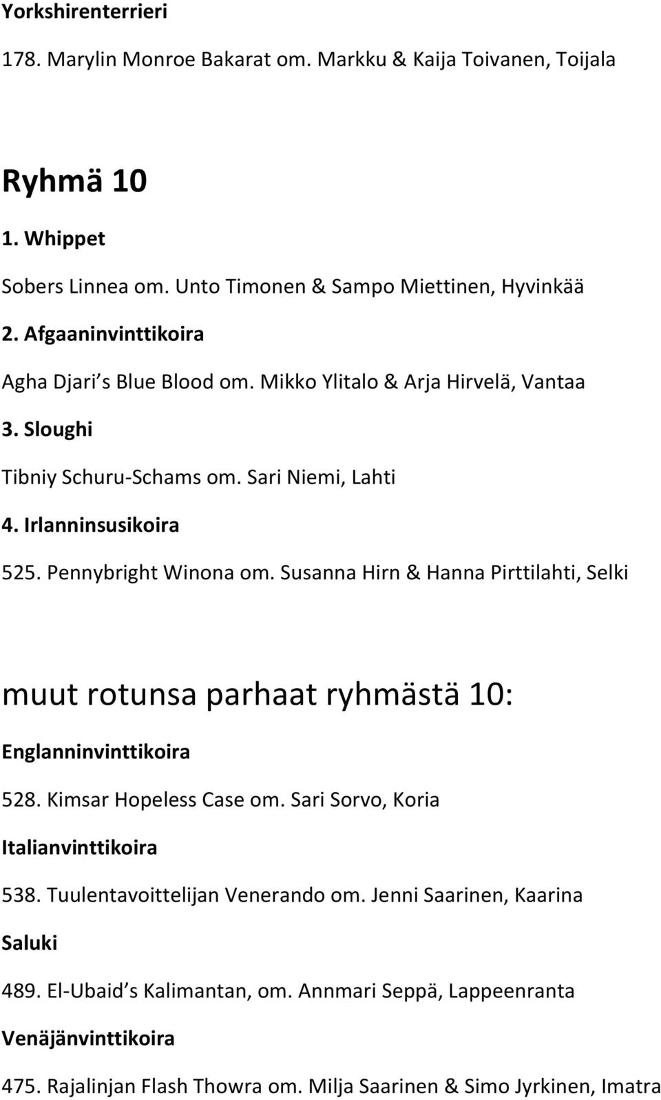 Pennybright Winona om. Susanna Hirn & Hanna Pirttilahti, Selki muut rotunsa parhaat ryhmästä 10: Englanninvinttikoira 528. Kimsar Hopeless Case om.