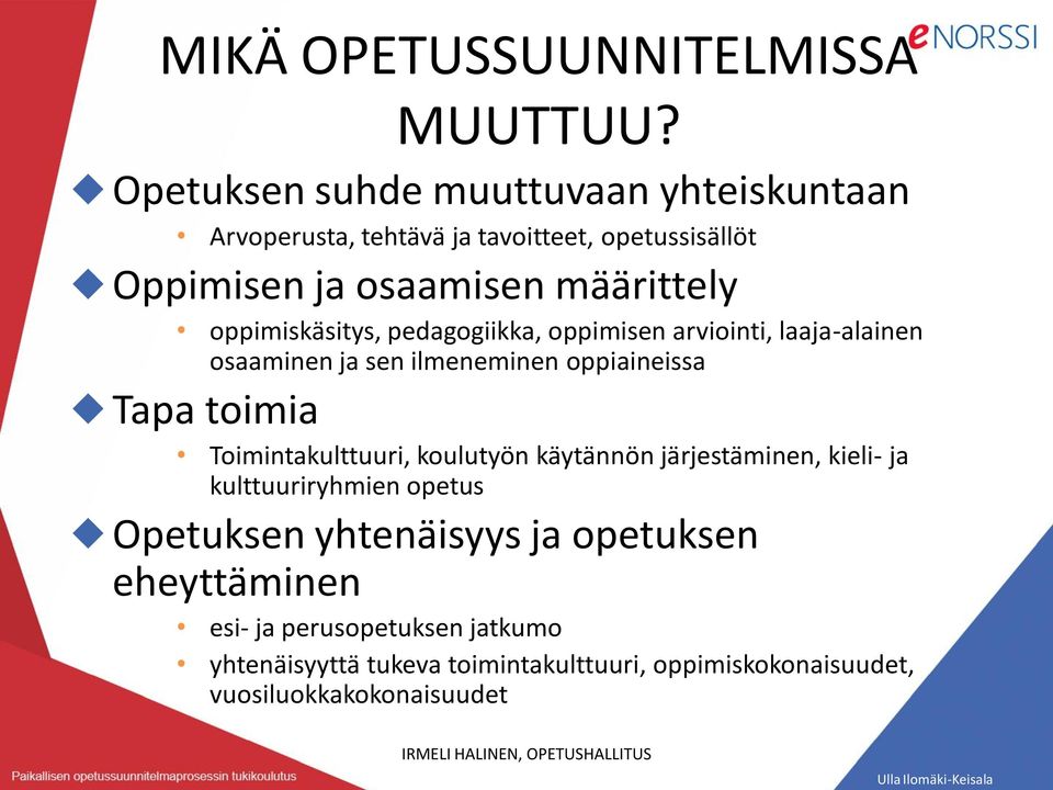 oppimiskäsitys, pedagogiikka, oppimisen arviointi, laaja-alainen osaaminen ja sen ilmeneminen oppiaineissa Tapa toimia Toimintakulttuuri,