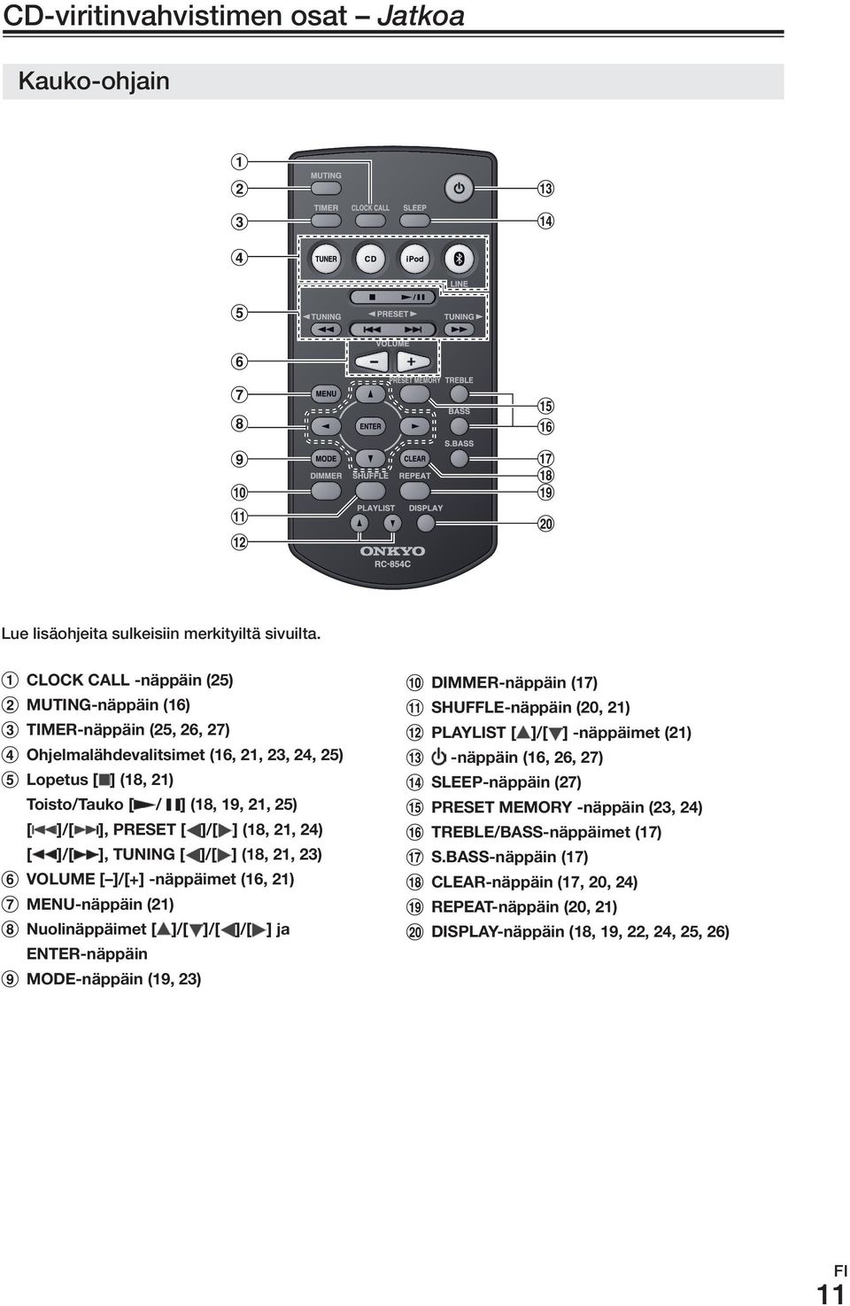 ]/[ ] (18, 21, 24) [ ]/[ ], TUNING [ ]/[ ] (18, 21, 23) VOLUME [ ]/[+] -näppäimet (16, 21) MENU-näppäin (21) Nuolinäppäimet [ ]/[ ]/[ ]/[ ] ja ENTER-näppäin MODE-näppäin (19, 23)