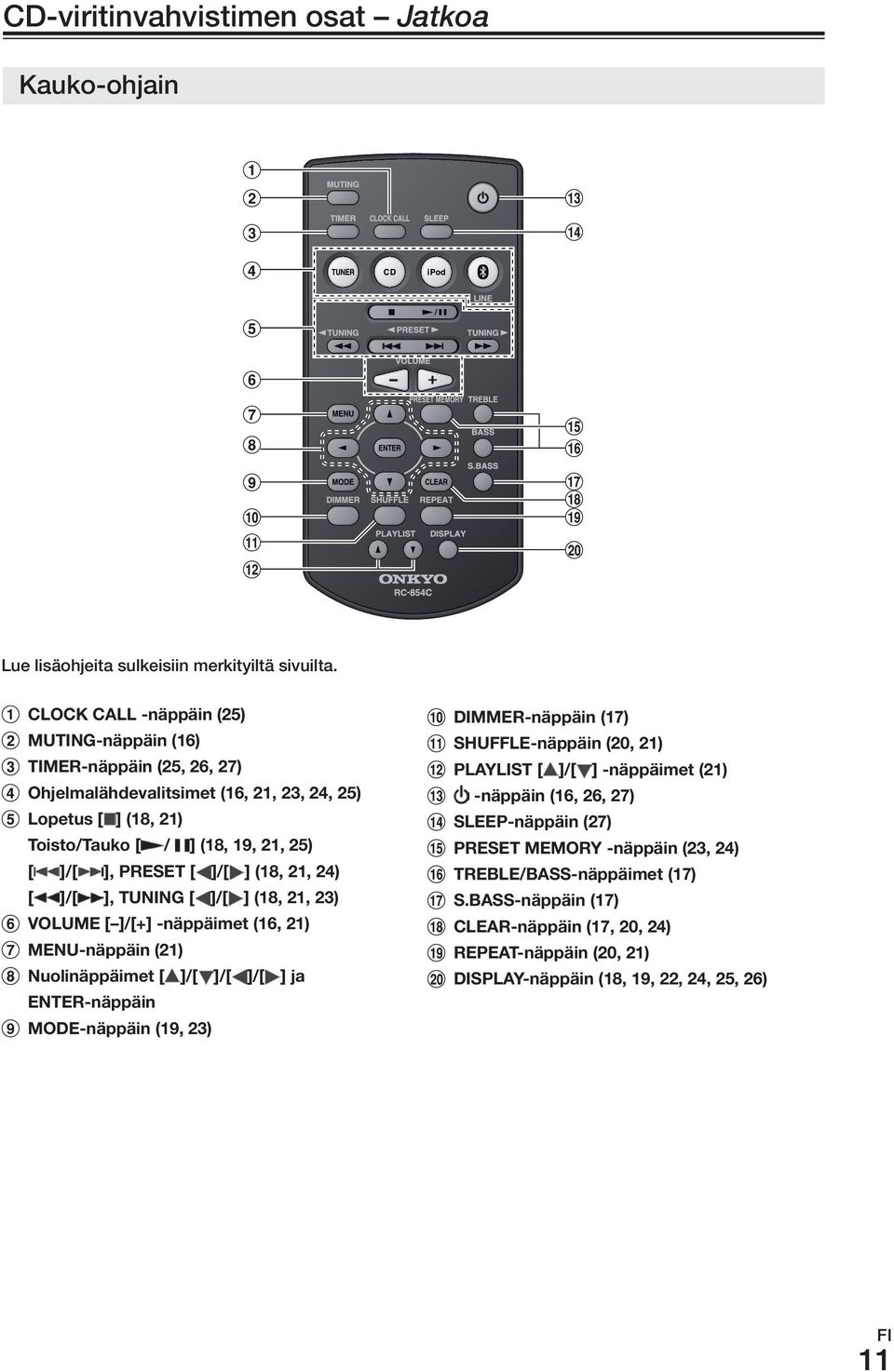 ]/[ ] (18, 21, 24) [ ]/[ ], TUNING [ ]/[ ] (18, 21, 23) VOLUME [ ]/[+] -näppäimet (16, 21) MENU-näppäin (21) Nuolinäppäimet [ ]/[ ]/[ ]/[ ] ja ENTER-näppäin MODE-näppäin (19, 23)