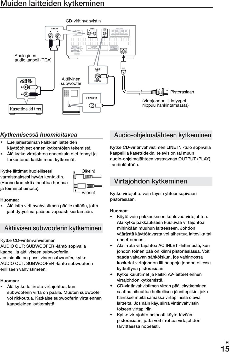 Älä kytke virtajohtoa ennenkuin olet tehnyt ja tarkastanut kaikki muut kytkennät. Kytke liittimet huolellisesti varmistaaksesi hyvän kontaktin. (Huono kontakti aiheuttaa hurinaa ja toimintahäiriöitä).