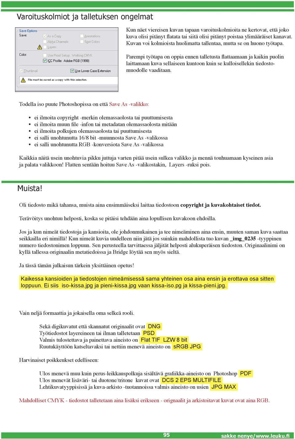 Parempi työtapa on oppia ennen talletusta flattaamaan ja kaikin puolin laittamaan kuva sellaiseen kuntoon kuin se kulloisellekin tiedostomuodolle vaaditaan.