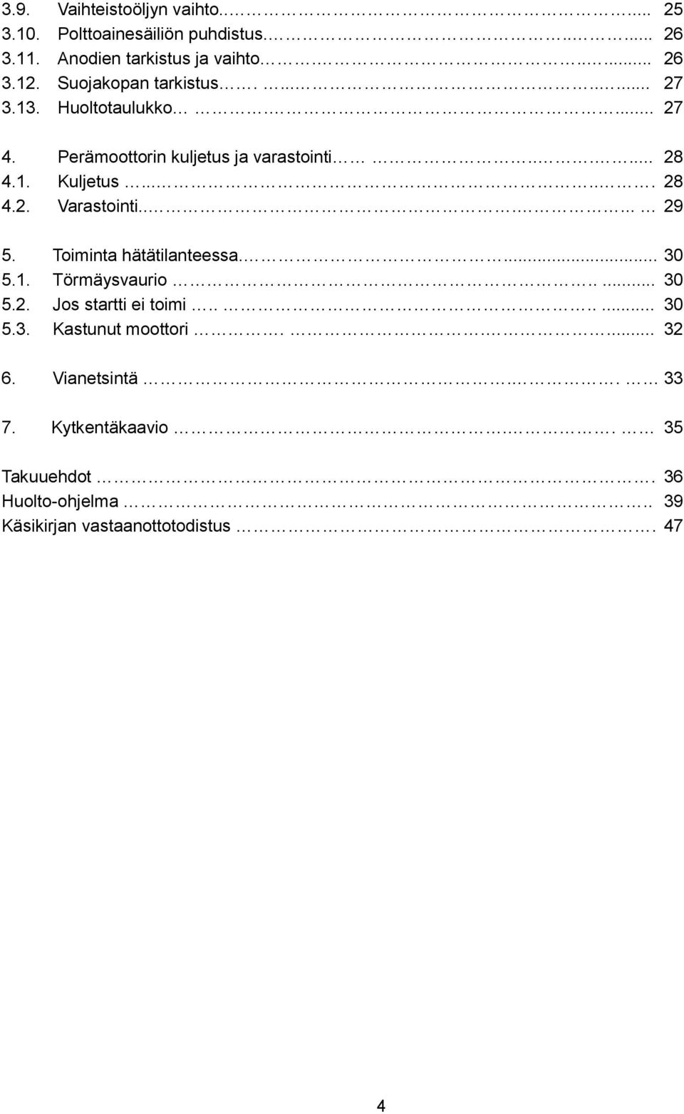 ..... 29 5. Toiminta hätätilanteessa.... 30 5.1. Törmäysvaurio..... 30 5.2. Jos startti ei toimi....... 30 5.3. Kastunut moottori.