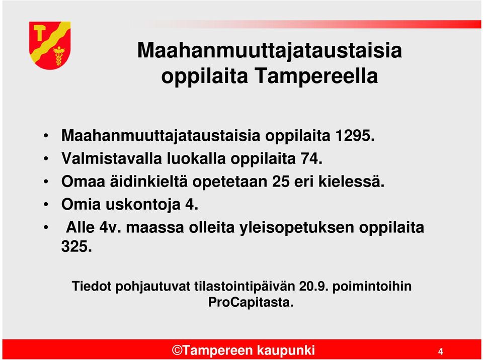 Omaa äidinkieltä opetetaan 25 eri kielessä. Omia uskontoja 4. Alle 4v.