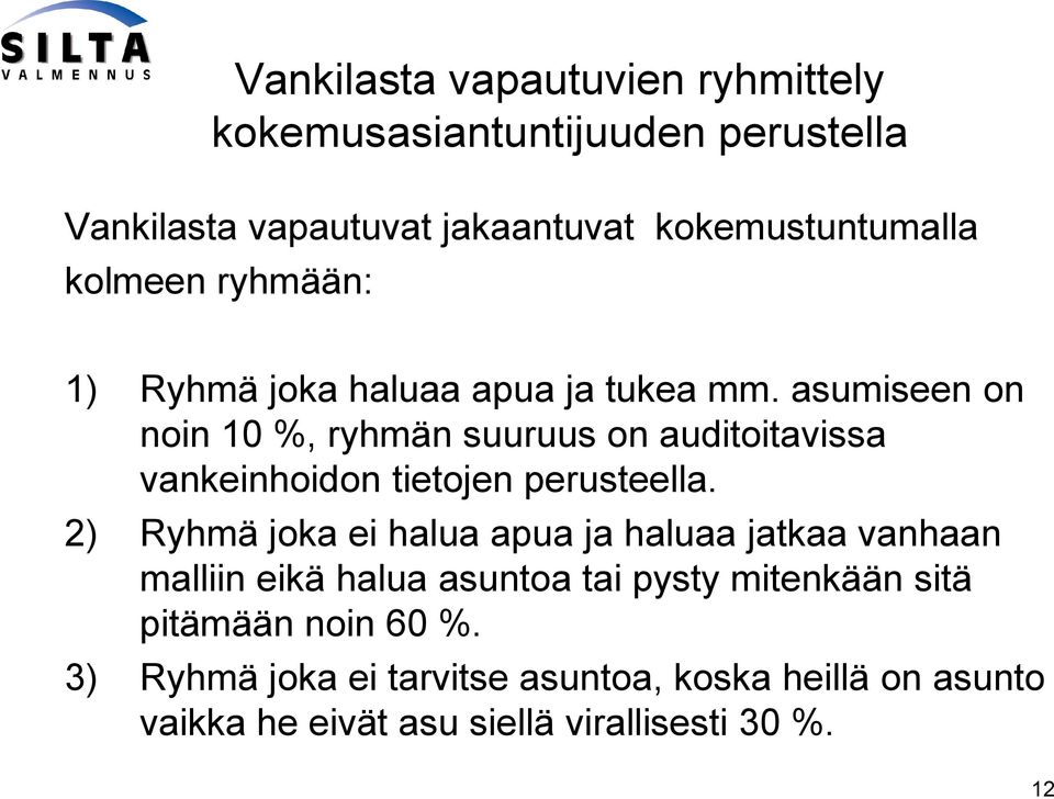 asumiseen on noin 10 %, ryhmän suuruus on auditoitavissa vankeinhoidon tietojen perusteella.