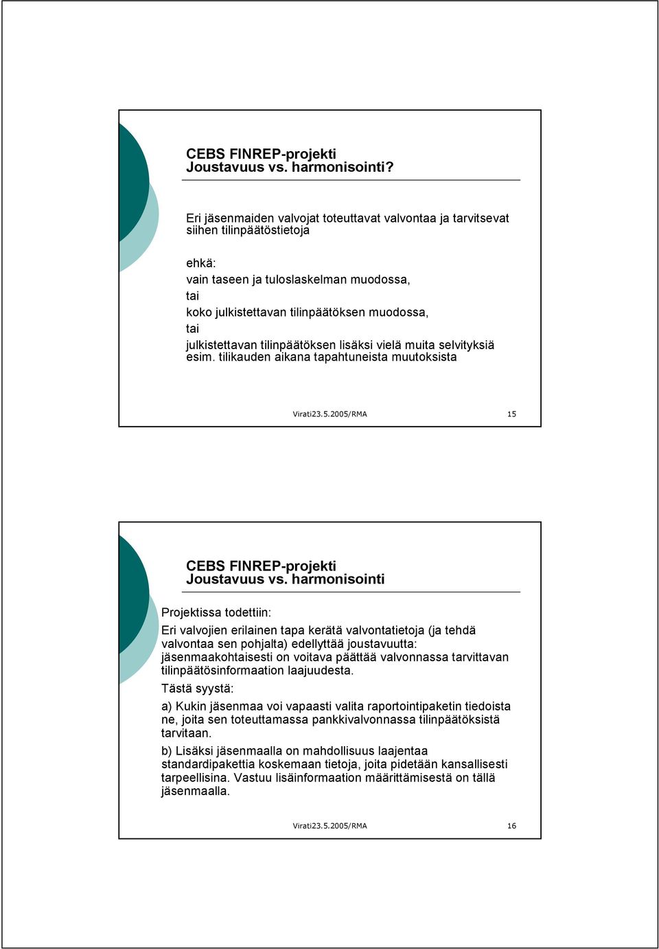 julkistettavan tilinpäätöksen lisäksi vielä muita selvityksiä esim. tilikauden aikana tapahtuneista muutoksista Virati23.5.2005/RMA 15 Joustavuus vs.