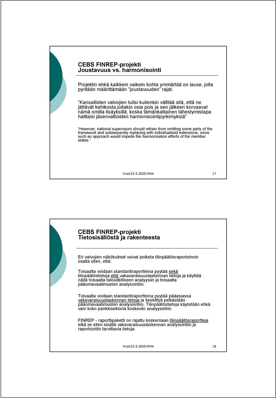 jäsenvaltioiden harmonisointipyrkimyksiä However, national supervisors should refrain from omitting some parts of the framework and subsequently replacing with individualised extensions, since such