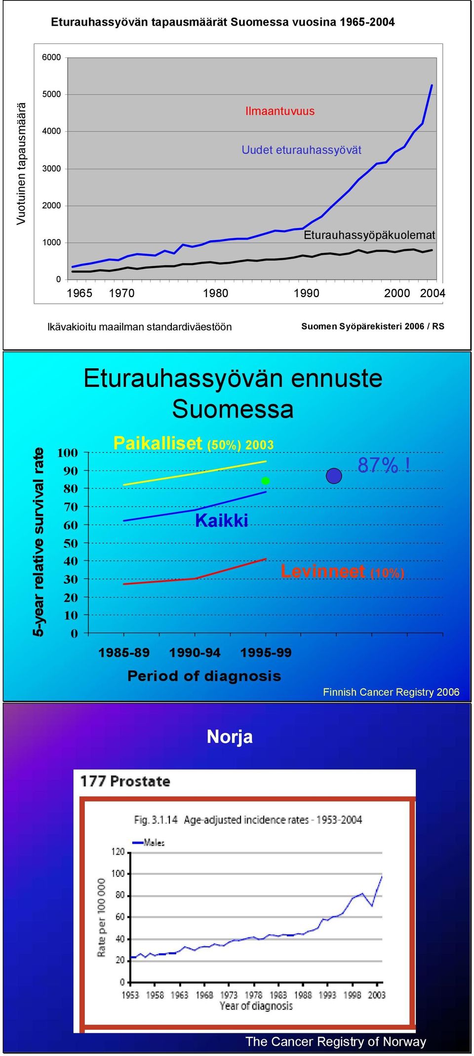 maailman standardiväestöön Suomen Syöpärekisteri 2006 / RS Eturauassyövän ennuste Suomessa 5-year relative survival rate 100 90 80 70 60 50 40 30 20